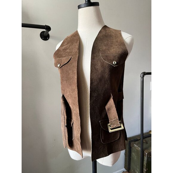 Vintage 70s Brown Suede Leather Vest | 1970s Belted Utility Pocket Western Boho - Picture 4 of 10